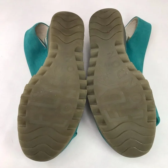 FLY LONDON Women's 39 8-8.5 Yakin Yata Knot Teal Suede Peep Toe Sling Back Wedge - Picture 10 of 10